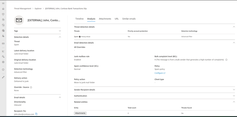Figure 3: Priority account protection is now listed under Threat detection details in the Email entity page.