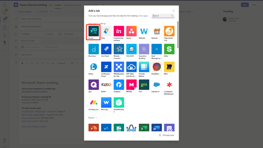 An image highlighting the Forms box in the "Add a tab" popup box in a Teams channel meeting.
