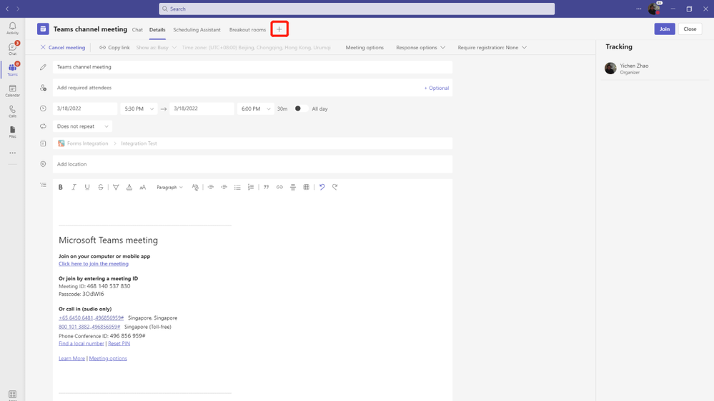 An image highlighting the plus button on the top of a Teams channel meeting.