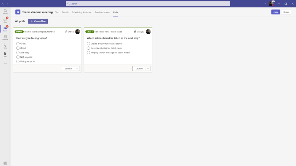 An image containing the "Create New" button in the Polls tab in a Teams channel meeting.