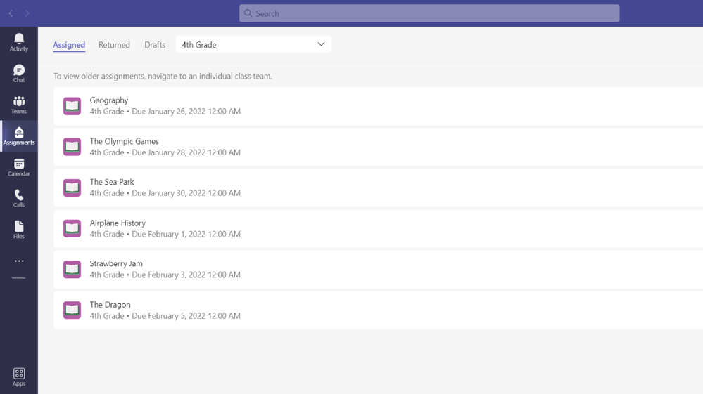 An image containing examples of homework assignments for students provided by educators via Assignments in Microsoft Teams.
