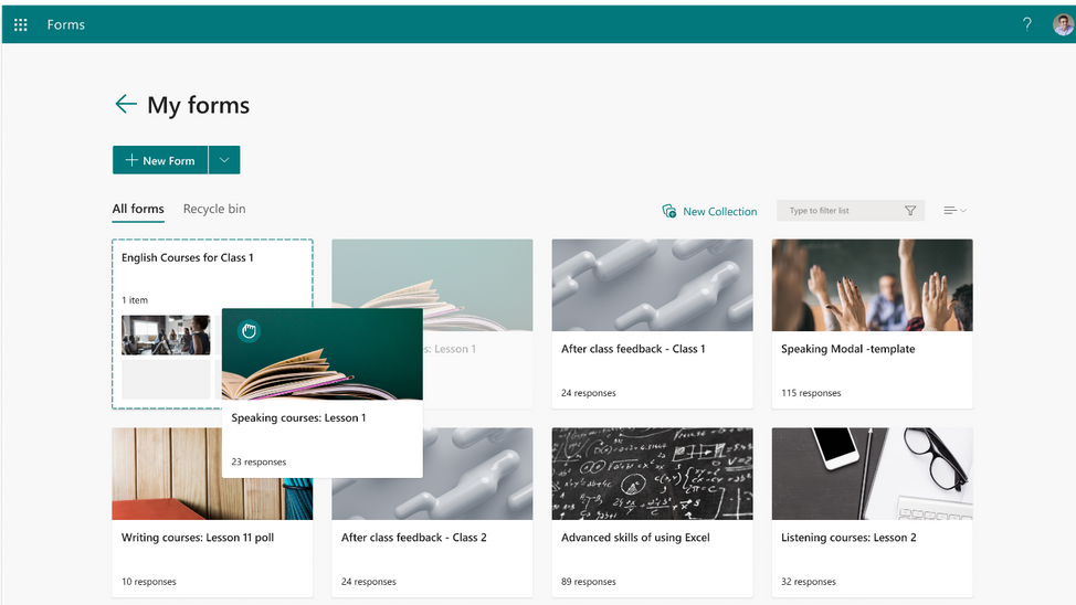 An image demonstrating how to drag and drop a form or quiz into a Collection in Forms.