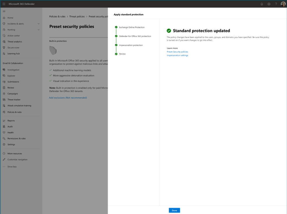 Figure 7: Preset Security policy (Standard)