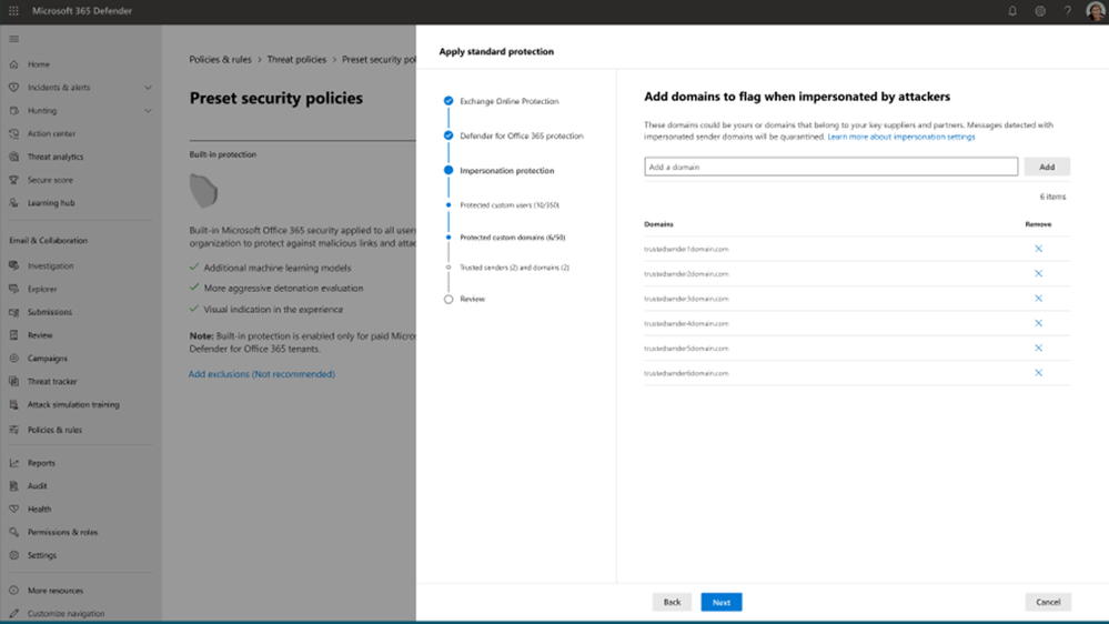 Figure 5: Configure impersonation protections for custom domains