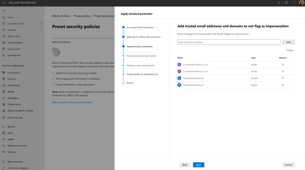 Figure 6: Configure trusted senders and domains for impersonation protection