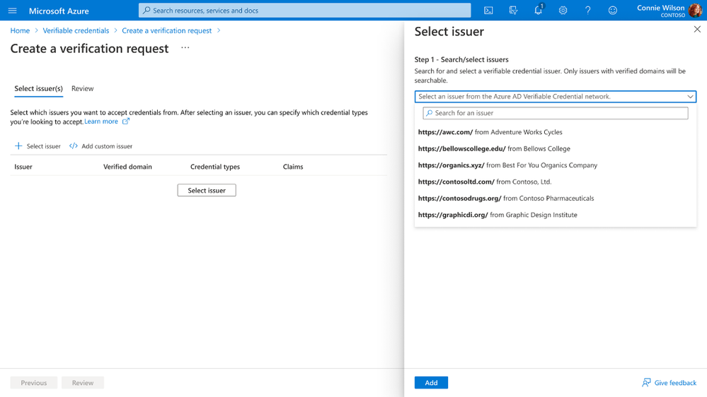 Figure 2. Search for preferred issuer and the credential type to verify .
