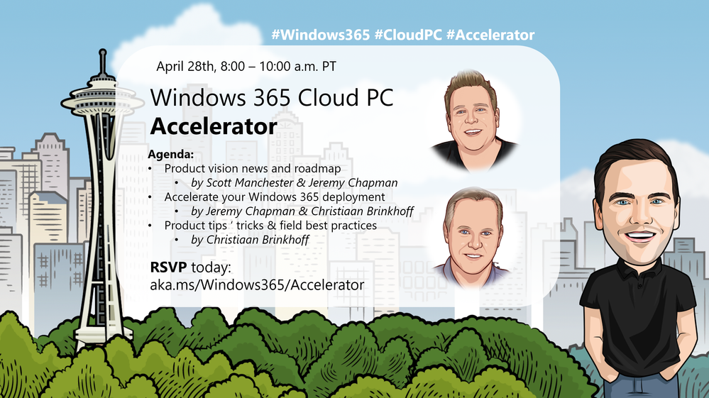 Card showing information about the Windows 365 Accelerator event over a background of the Seattle city skyline and animated avatars of presenters Scott Manchester, Jeremy Chapman, and Christiaan Brinkhoff