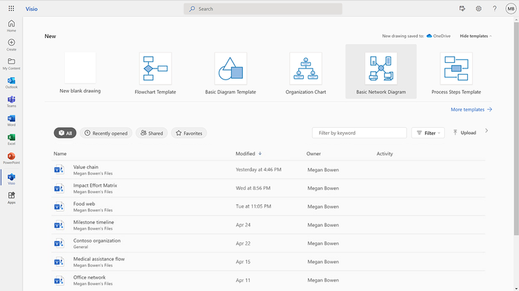 An image providing an example of where users can create a new Basic Network Diagram from the Visio home page on Office.com.