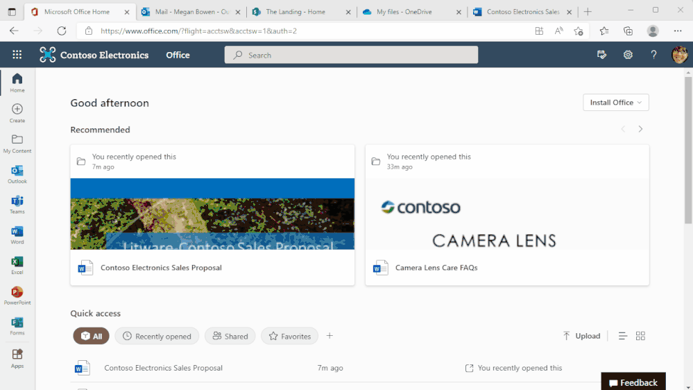 Gif of account switching across M365 web apps