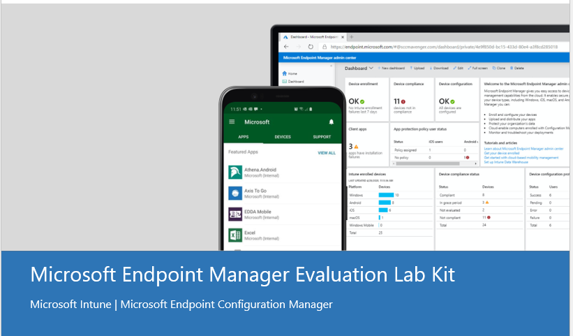 Decorative image with a screenshot of the Microsoft Endpoint Manager Evaluation Lab Kit