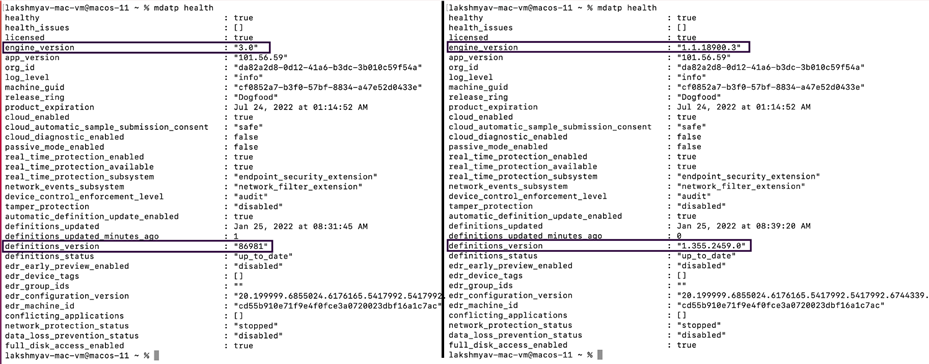 Comparison of old engine version name vs new version name on Linux agent