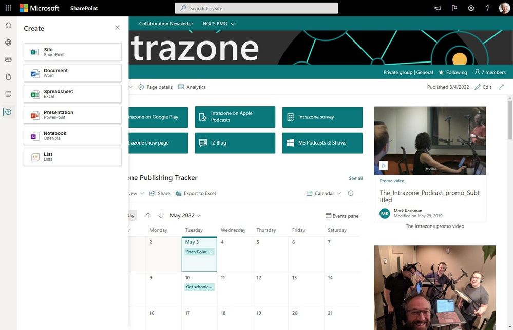 Create lists from the SharePoint app bar – shown here starting from within a SharePoint team site.