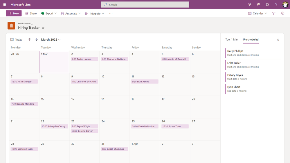 List items with missing start and/or end dates and those with start date later than the end date would appear on the Unscheduled pane.