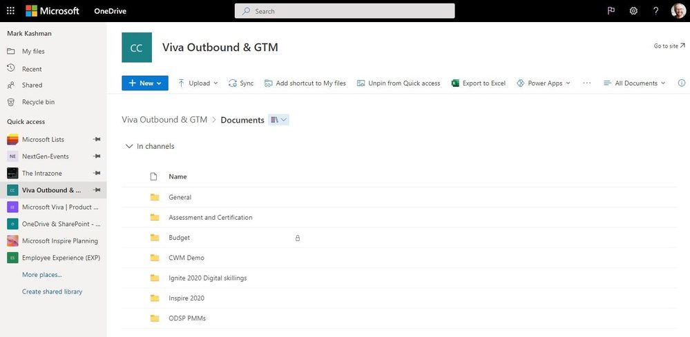 OneDrive will now display channel-based shared libraries from standard and private channels - and shared channels in the future in the new “In channels” drop down menu.