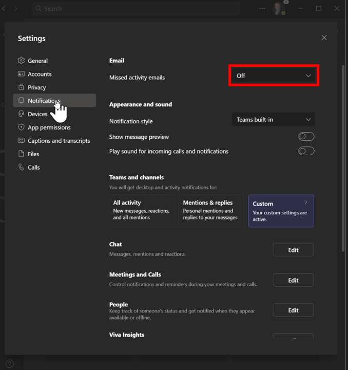 Figure 1. Turn off missed activity emails