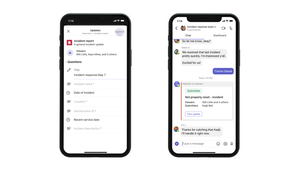 An image demonstrating a user filling out the details of an update and the Updates app card that appears in chat once submission is complete.