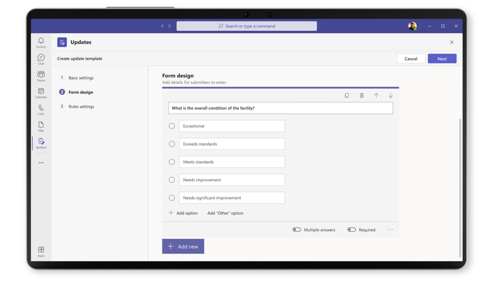 An image demonstrating a user configuring the questions when creating a new update in the Updates app on a tablet.