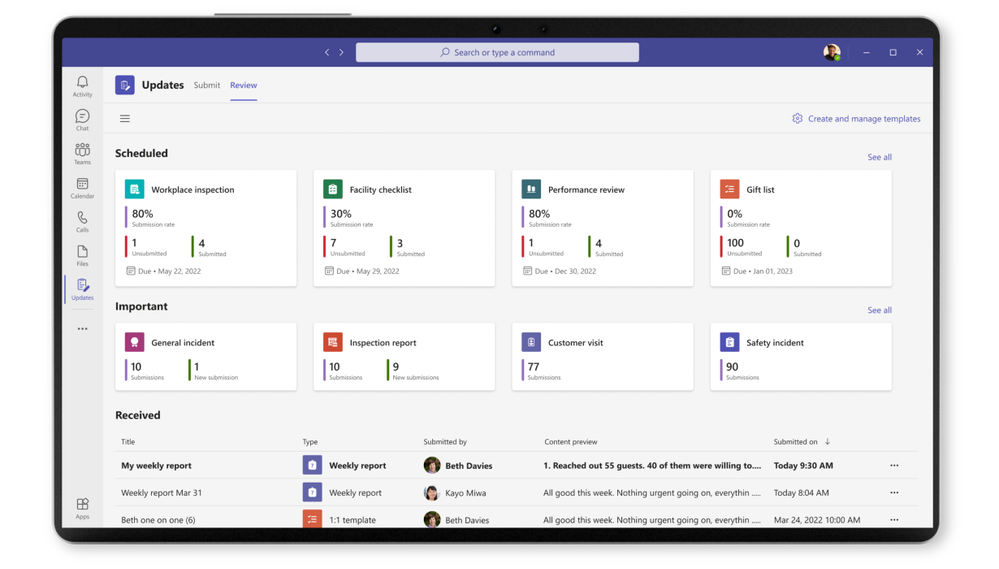 An image of the "Review" tab dashboard in the Updates app on a tablet providing examples of submission rates for different updates.