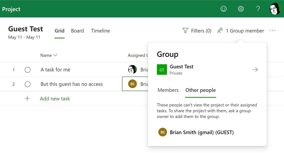 A screenshot showing a guest assigned but not added as a member, but showing as an other people in the members area