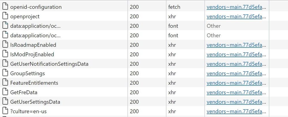A view of some of the network page in F12 dev tools, showing some of the early calls when loading the page