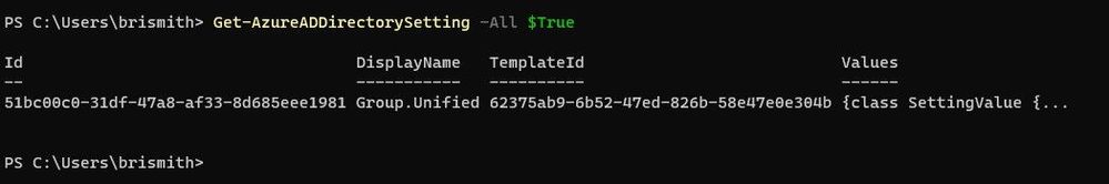 Get-AzureADDirectorySetting was executed on a different tenant and I see settings returned