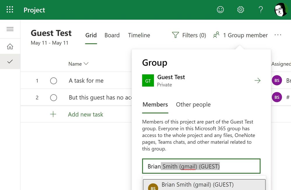A screenshot showing that my tenant now resolves my guest user and they can be added to the group members