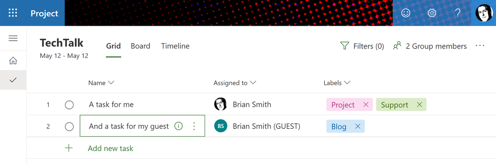 Screenshot showing a correclty assigned guest user who was also added as a member of the group