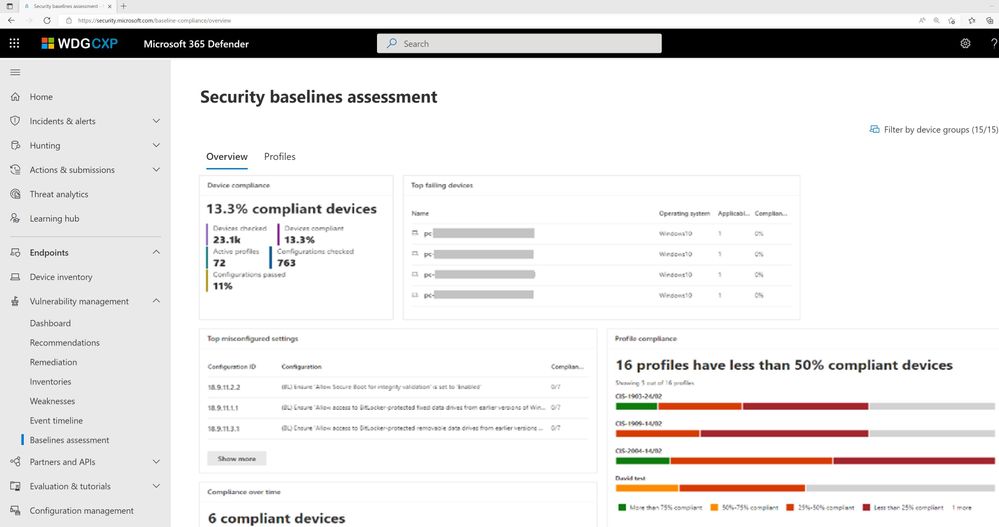 Figure 3: Review security baseline assessment results, identify non-compliant devices, top failing configurations, and the compliance level of each profile you create.