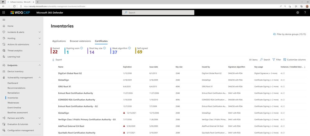 Figure 5: Review all certificate-related assessments in a single location with the option to customize the inventory display using filters.
