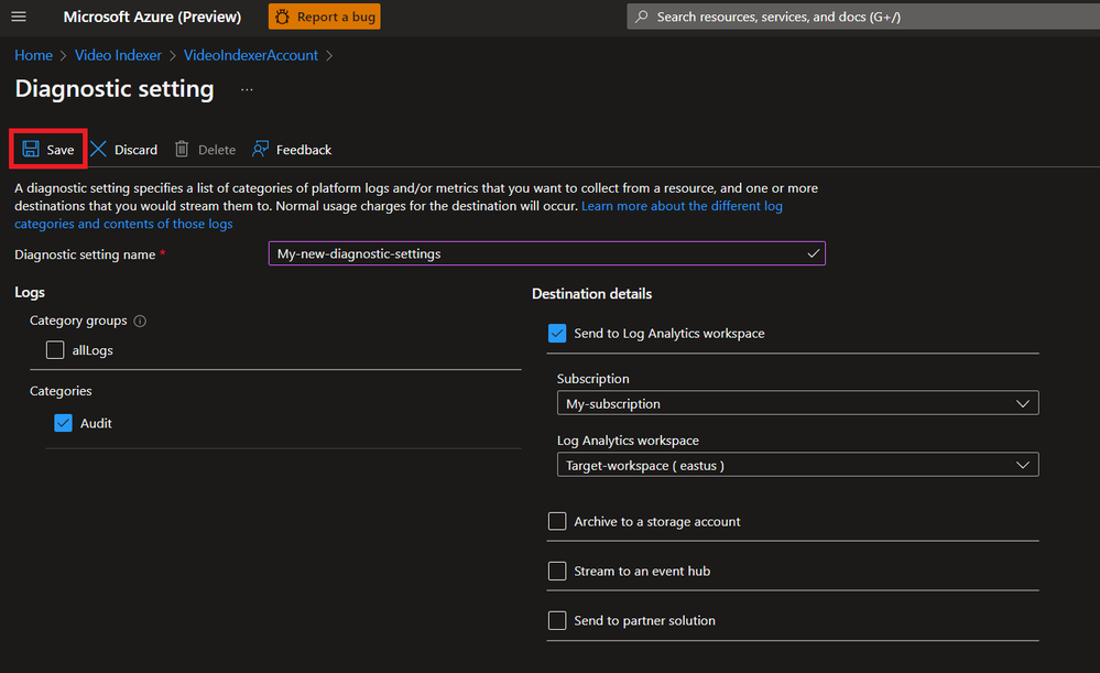 Set a connection to an Azure Log Analytics workspace