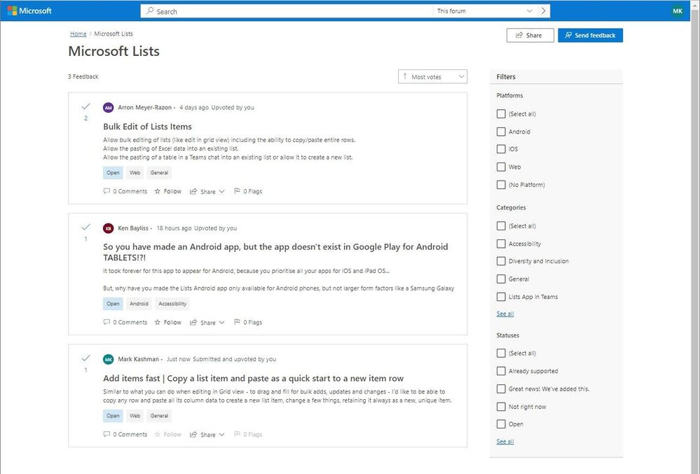 Submit your Microsoft Lists ideas and feedback to the Microsoft Feedback portal – easily search filter, upvote, comment, and add items and comments to support and shape the product direction.