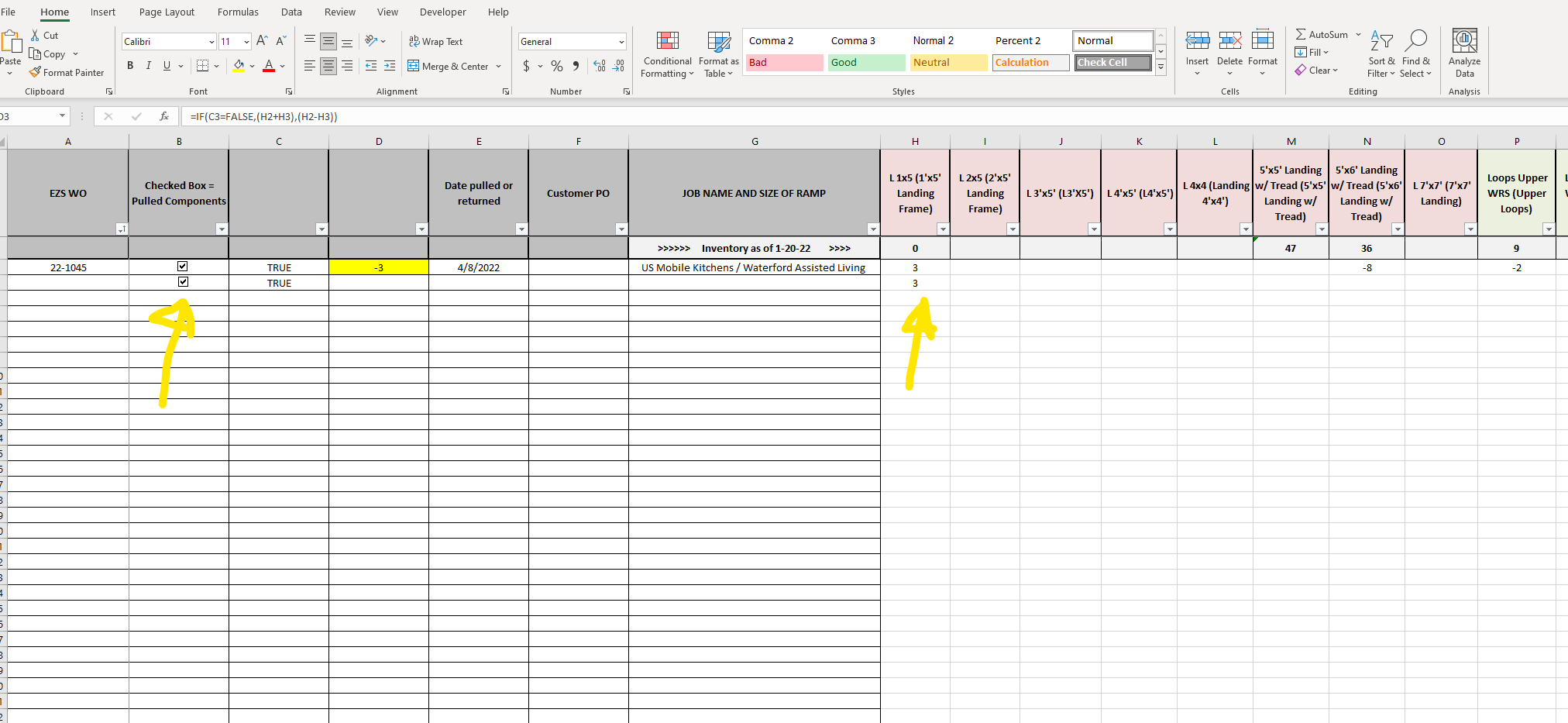Using check boxes to indicate cells in a row as positive or negative ...