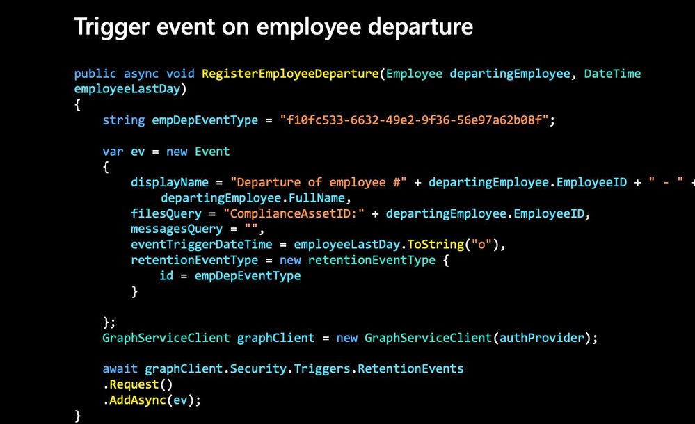 Sample code showing registration of external event for Retention label.