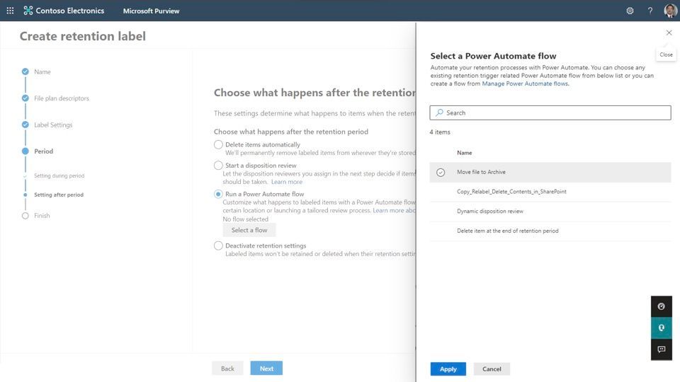 Assigning Power Automate Flow to a Retention Label
