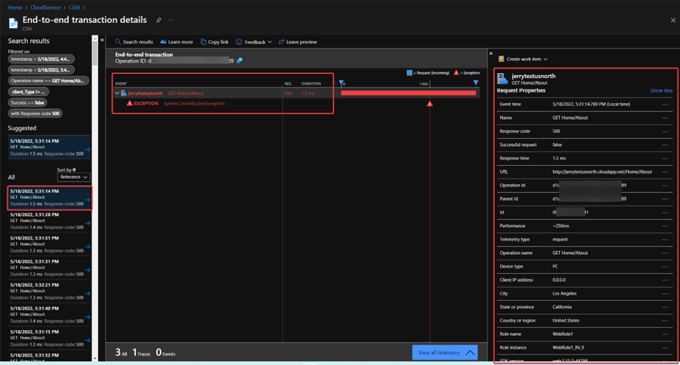 Detail page of a failed request in Application Insight