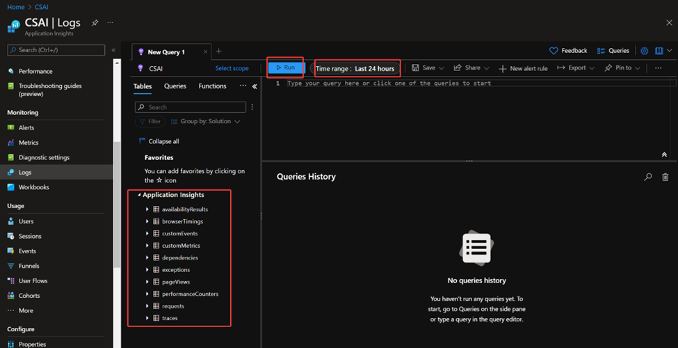Logs page in Application Insights