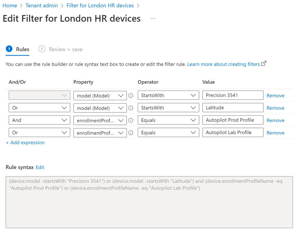 Create filter in Microsoft Endpoint Manager admin center