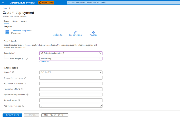 Azure Deployment Configuration Screen