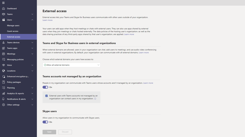 Figure 3: external access in Teams admin center