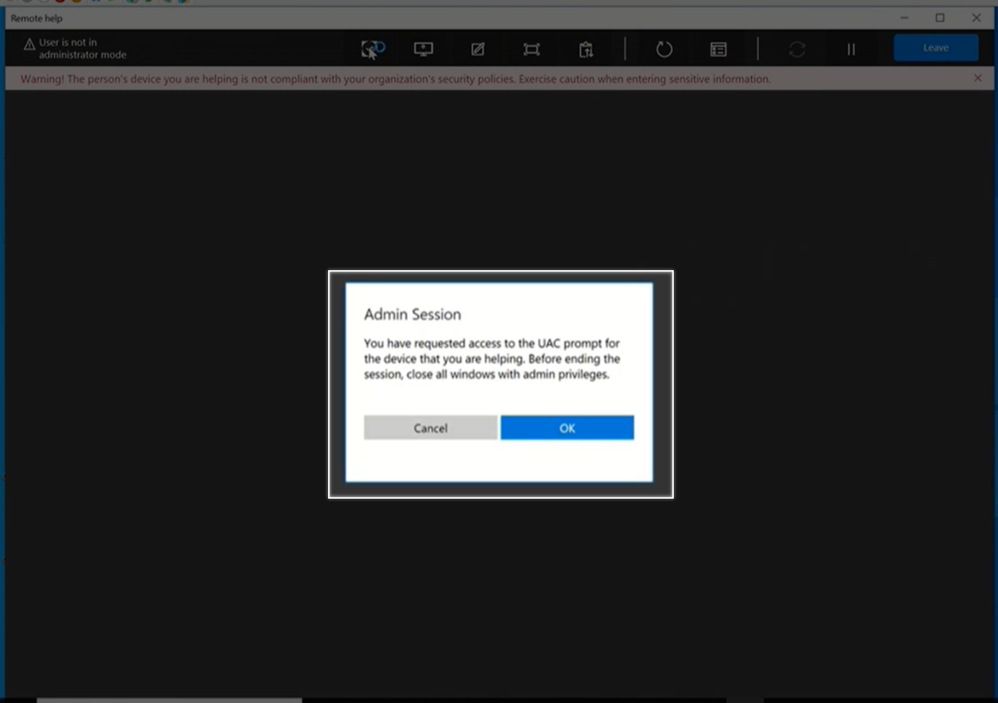 Screenshot of a prompt in the remote help interface showing that the user has requested access to the UAC prompt for the device that they are helping. The options are to select Ok or select Cancel.