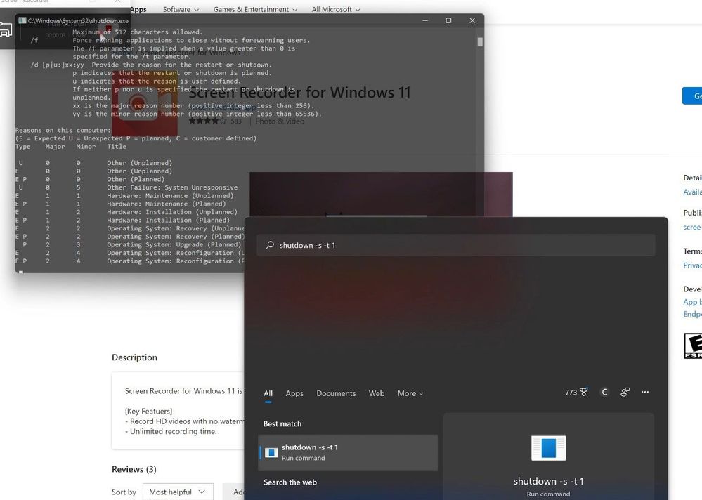 Behavior of issuing "shutdown -s -t 1" in Start Menu resulting in the same end result as issuing without parameters