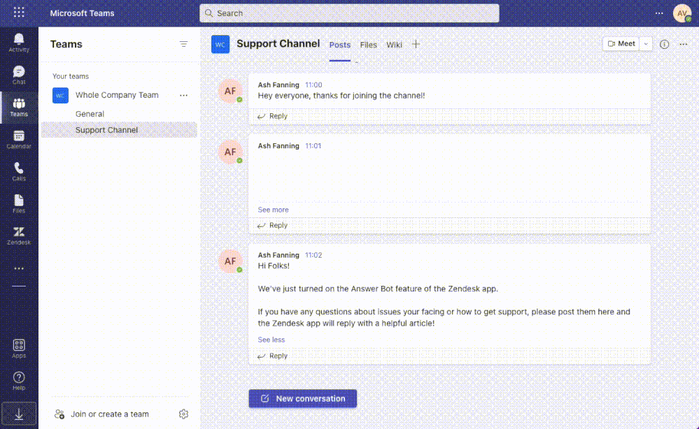 A user asking a question in a channel and Answer Bot responding with three relevant articles