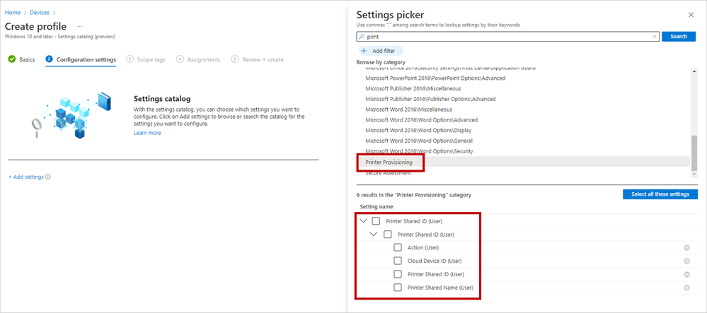Screenshot of the Microsoft Endpoint Management portal screen where admins can access the settings catalog and use the settings picker to search for the new “Printer Provisioning” category that initiates the configuration process.