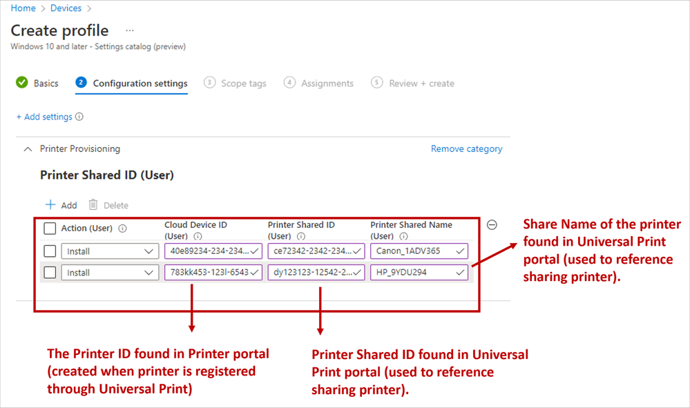 Screenshot of how to input one or more printers using Universal Print. Printers must be labeled correctly. Without proper identification, settings will not take effect.