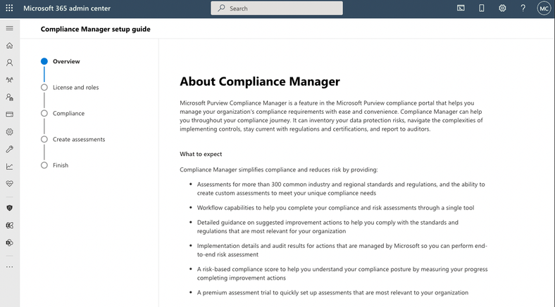 UI showing the first screen of the Compliance Manager setup guide