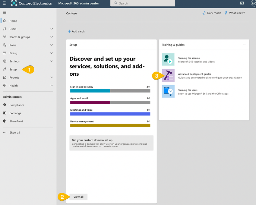 Microsoft 365 Admin center showing two cards and the left hand navigation.