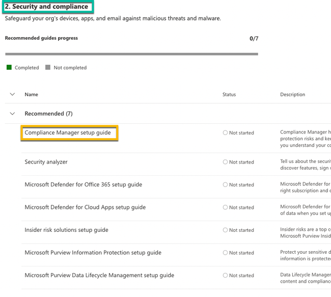 UI showing the category of Security and Compliance with Compliance Manager highlighted