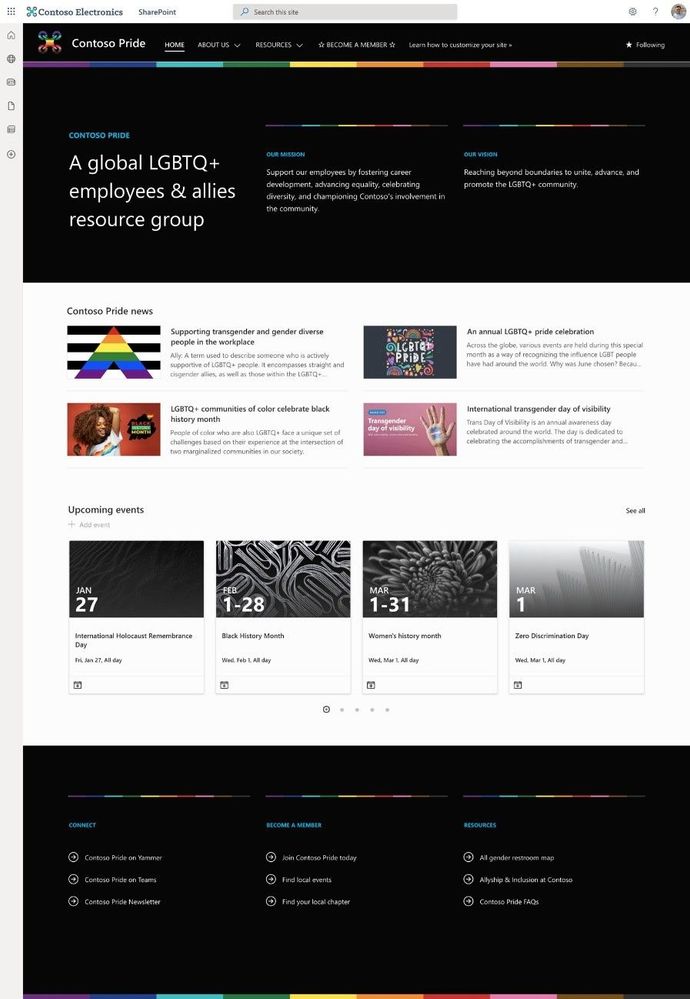 The LGBTQ+ Employee Resource Group site - ready to deploy from the SharePoint look book site directly into your Microsoft 365 tenant.