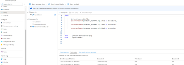 An image of the Azure Stream Analytics job to derive and process telemetry data.