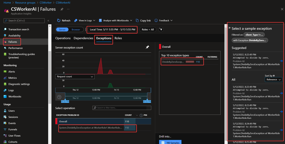 Exceptions in Application Insight Failures page
